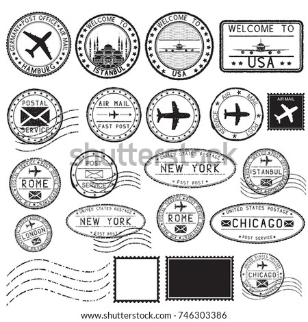 Tourist stamps and postmarks. Collection of round ink stamps. Vector illustration isolated on white background