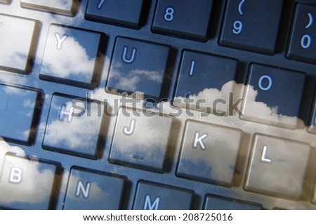 cloud computer keyboard, showing a black keyboard with a sky cloud formation on top