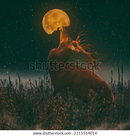 A deer eats the moon. 3D illustration. Imitation of oil painting.