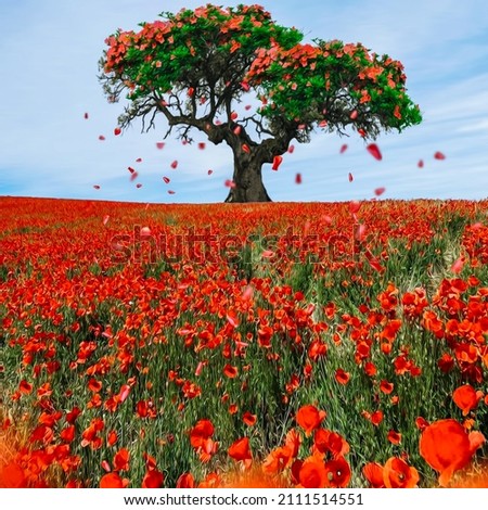 Flying flower petals over a poppy field. 3D illustration. Imitation of oil painting.