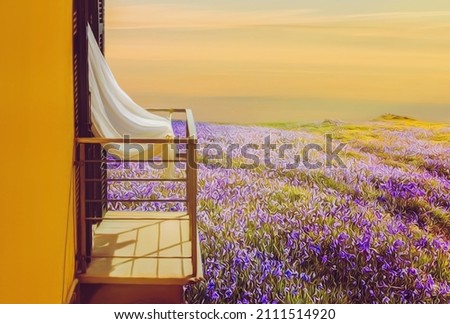 Open balcony overlooking the flower meadow. 3D illustration. Imitation of oil painting.