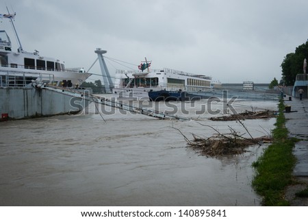 BRATISLAVA, SLOVAKIA - JUNE 3: High water on Danube river resulted into stop of water transport on June 3, 2013 in Bratislava