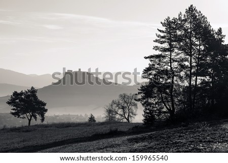 silhouette of Spis castle, Slovakia - black and white image