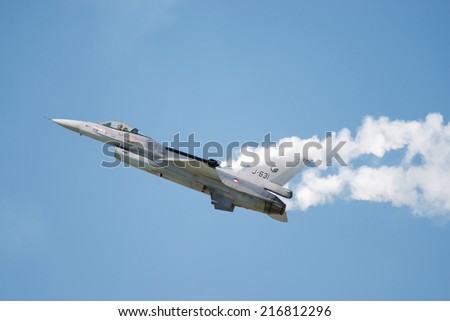 PAYERNE, SWITZERLAND - SEPTEMBER 6: Flight of F-16 Falcon of Royal Netherlands Air Force on AIR14 airshow in Payerne, Switzerland on September 6, 2014