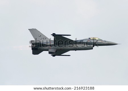 PAYERNE, SWITZERLAND - SEPTEMBER 7: Flight of F-16 Falcon of Royal Netherlands Air Force on AIR14 airshow in Payerne, Switzerland on September 7, 2014