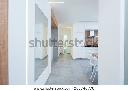 interior of modern apartment - hallway leading to the kitchen and bathroom