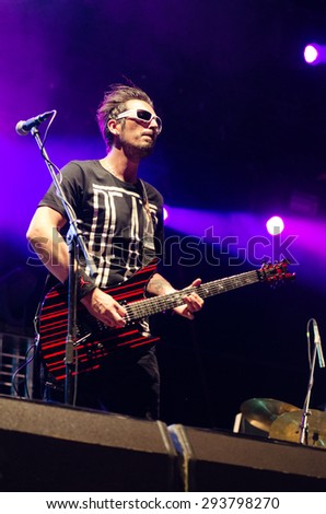 PIESTANY, SLOVAKIA - JUNE 25: Mario Sabo - guitarist of Slovak punk rock/comedy rock band Horkyze Slize performs on music festival Topfest in Piestany, Slovakia on June 25, 2015