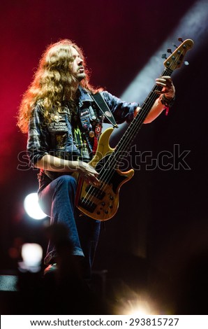 PIESTANY, SLOVAKIA - JUNE 26: Lauri Porra - bassist of Finnish power metal band Stratovarius performs on music festival Topfest in Piestany, Slovakia on June 26, 2015