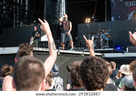PIESTANY, SLOVAKIA - JUNE 26: J.T. Cavey - singer of American metalcore band Texas in July performs on music festival Topfest in Piestany, Slovakia on June 26, 2015