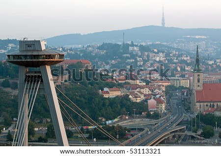 Bratislava with UFO restaurant on top of new bridge, Slovakia