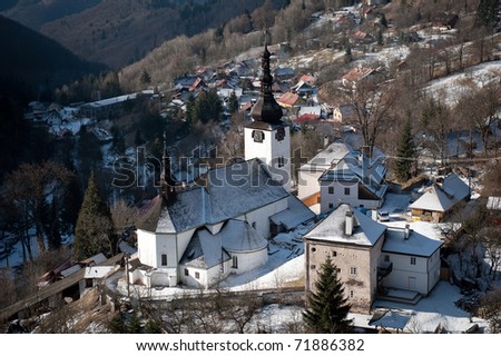 Historical church in old mining village Spania Dolina, Slovakia