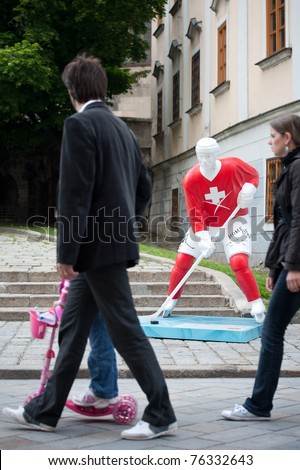 BRATISLAVA, SLOVAKIA - MAY 1:  Statue of Swiss hockey player installed on Panska street during hockey championships on May 1, 2011 in Bratislava, Slovakia