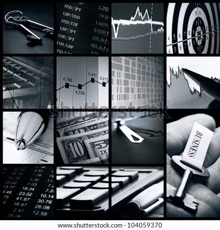 Finance system collage. Monochrome image.