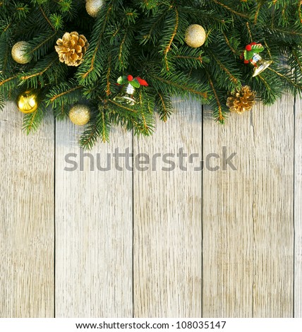 Christmas Fir Tree With Decoration On A Wooden Board Stock Photo ...