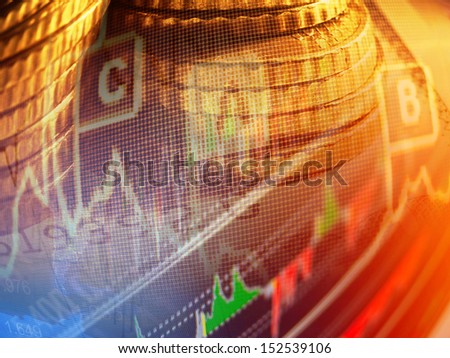 Finance background with graph and coins. Distortion lens use.