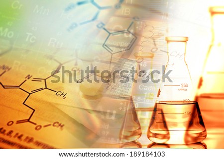 Laboratory glassware and periodic table of elements. Science con