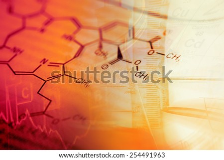 Science background with chemical data and laboratory tools