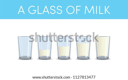 Glasses of milk, vector set. Simple icons in cartoon style with different levels of milk