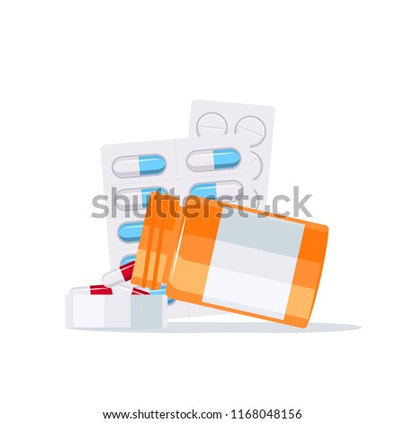 Medications vector concept. Capsules pouring out of the pill bottle into the lid and drugs blisters in flat style on white background.
