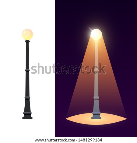 Streetlight concept. Garden lantern isolated on white background and illuminated lamp on dark backdrop, vector illustration