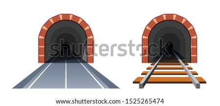 Road tunnel and railway tunnel. Simple vector illustration in flat style isolated on white background