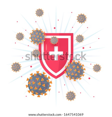 Immune system concept with medical shield. Bacterial and virus defense. Wuhan 2019-nCoV icon. Vector illustration in flat style for medical designs, infographics.