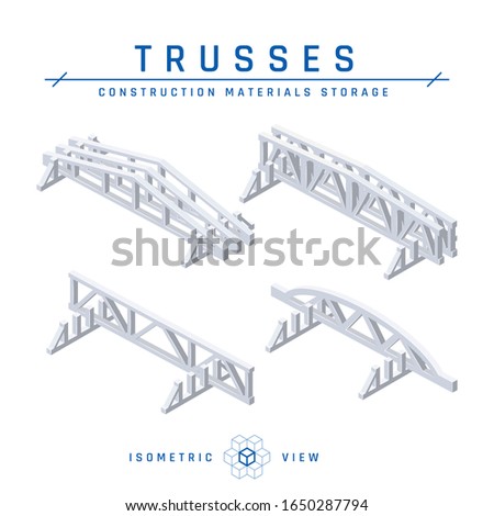 Concrete trusses storage concept, isometric view. Set of icons for architectural designs. Vector illustration isolated on a white background in flat style. Construction products collection.