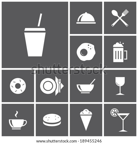Set of flat simple colored icons (food, restaurant, kitchen), vector illustration