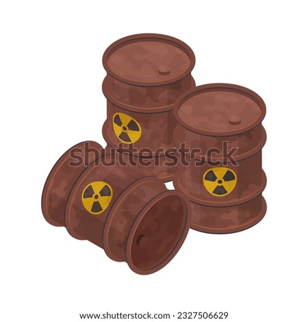 Isometric rusty barrels with radioactive waste. 3d icon of metal drums. Vector illustration isolated on a white background in flat style.