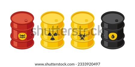 Isometric barrels with toxic waste and oil. 3d icons of steel drums with hazardous signs. Vector illustration isolated on a white background in cartoon style.