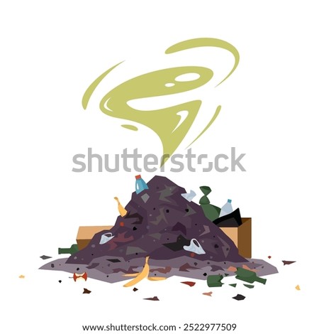 Trash pile. Heap of unsorted stinky garbage in the city. Vector illustration isolated on a white background in cartoon style. Environmental pollution concept.