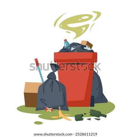 Trash heap. Dump with full bin, bags with garbage and unsorted stinky waste in the city. Vector illustration isolated on a white background in cartoon style. Environmental pollution concept.