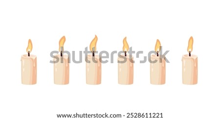 Candle animation. Steps of burning fire. Set of icons for video. Effect of moving flame. Christmas or holiday decoration. Vector illustration isolated on a white background in cartoon style.