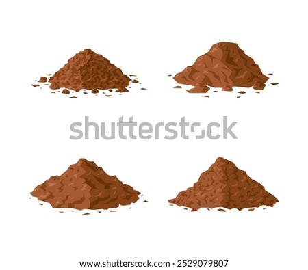 Dirt piles. Set of brown geometric soil heaps in cartoon style. Vector illustration isolated on a white background. Ground clipart for construction, agricultural, environmental designs.