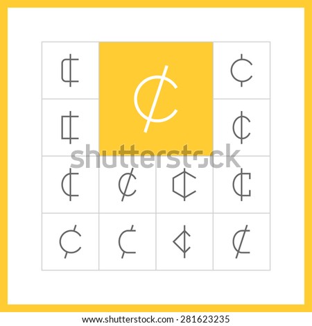 Set of simple thin line cent icons. Centavo, santim or centas sign, money pictogram, finance button, banking design. Vector illustration