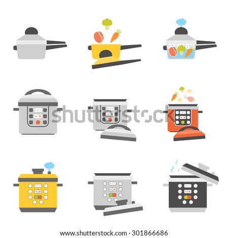 Set of flat icons of pressure cooker. Different types of multicooker equipment. 