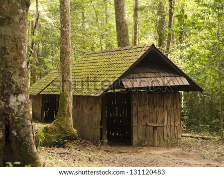 Old cottage, old wooden house, with moss among trees