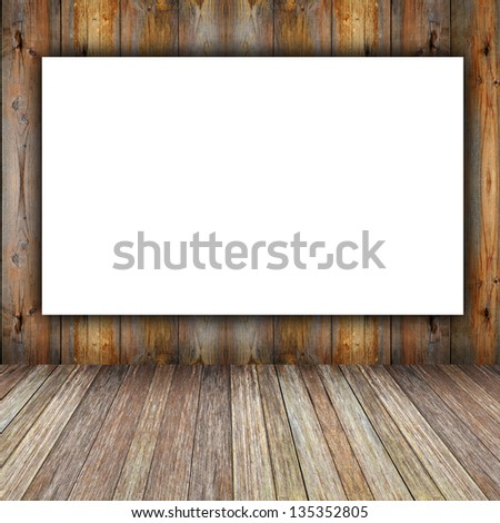 room interior vintage with brick wall, wood floor and white blank placard background