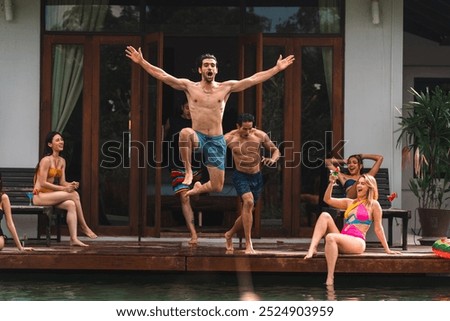 Similar – Image, Stock Photo Young woman in swimwear talking on cellphone at poolside