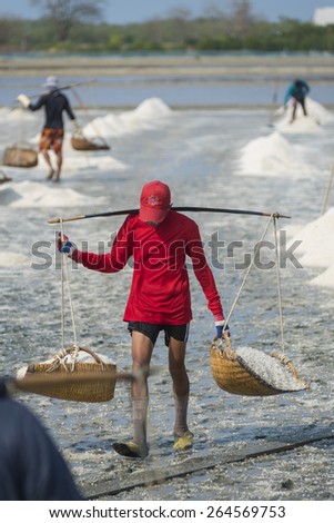 PETCHABURI- MAR 28 : Workers are helping to transport salt from salt. Ban Laem, Phetchaburi, Thailand on March 28, 2015