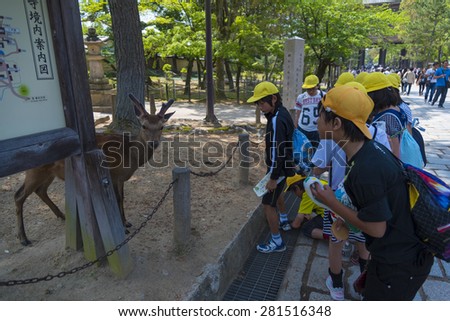 NARA,JAPAN, May 18, 2015: Japanese young students are coming back from elementary school in Nara near Kyoto, Japan.
