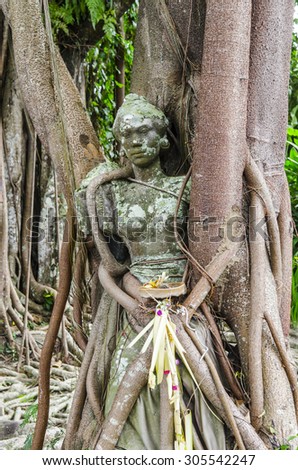 Statues of Hindu God or demons with offerings, Bali, Indonesia