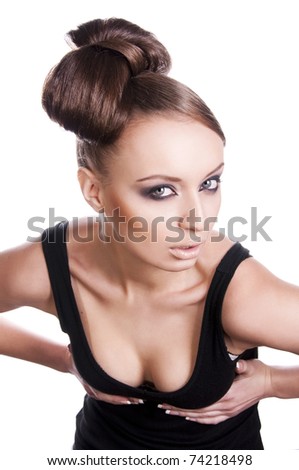 beautiful brunette woman with smoke-eyes in black  football shirt