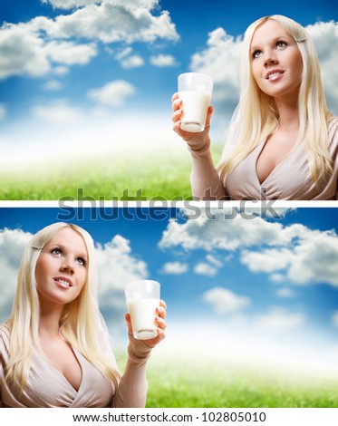Young beautiful woman having a glass of milk in the sunny day.  Collection of two banners or headers.