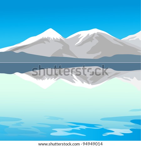 Vector illustration of winter landscape with mountains and lake.  Eps 10