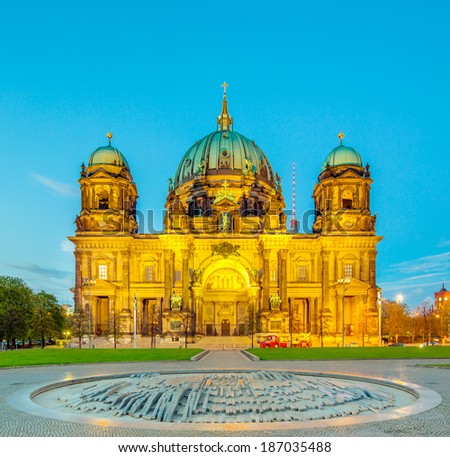 Berlin Cathedral (Berliner Dom) panorama at Sunny Day with Dynamic Clouds, famous landmark in Berlin City, Germany
