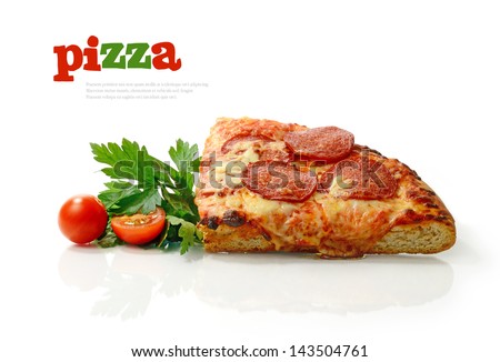 Studio macro of freshly baked pepperoni pizza slice with salad garnish and tomatoes against a white surface. Copy space.