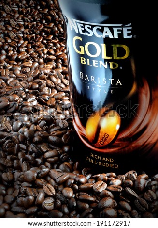 NOTTINGHAM, UNITED KINGDOM - MAY 5, 2014: Nescafe Gold Blend Barista is a brand of instant coffee made by Nestle. Nestle\'s flagship coffee product was first introduced in Switzerland on April 1, 1938.