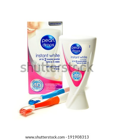 NOTTINGHAM, UNITED KINGDOM - MAY 10, 2014: Pearl Drops instant whitening tooth polish on a white background. Pearl Drops is produced by Church & Dwight (UK) Limited.
