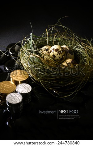 Creatively lit genuine quails eggs in a grass nest against a dark background with stacked coins. Concept image for pension or financial investments. Copy space.